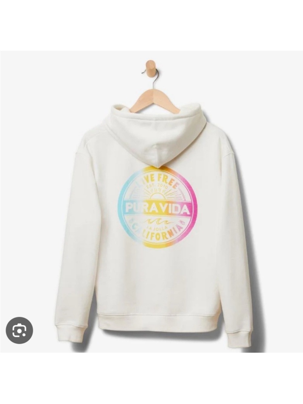 Pura Vida NWT live free logo hoodie white with pink blue yellow logo
